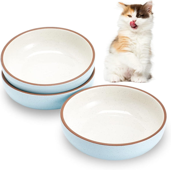 5.3 in Ceramic Cat Dishes - Shallow Small Pet Bowls for Food and Water, 3 Pack Ceramic Cat Bowls, Blue