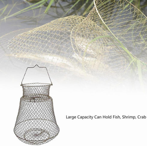 Nuiorfty 38cm Wire Fish Crab Basket Portable Foldable Round Metal Fishing Lobster Cage with Handle