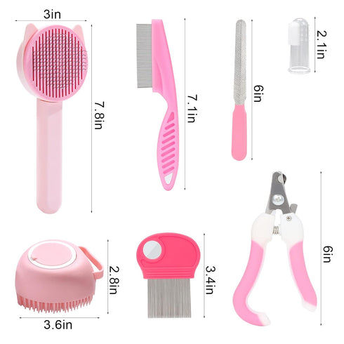 8 VCZONE Pcs Cat Brush Grooming Kits, Pet Self Cleaning Kit with Pet Nail Clipper and File, Flea Comb, Pet Shampoo Bath