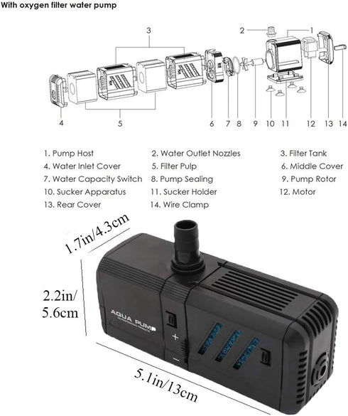 MQ 130GPH Submersible Water Pump (500L/H, 6W) with Filters and Water Nozzles for Aquarium