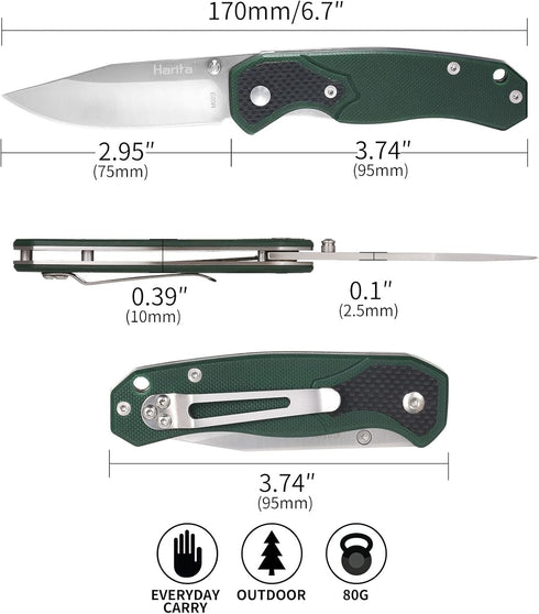 Outdoor Pocket Knife for Men, G10 Handle, 2.95-inch 8Cr13MoV Stainless Steel Blade, Portable Pocket Clip