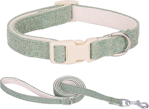 Cotton Hemp Dog Collar with Leash, Soft Adjustable Dog Collars with Plastic Safety Buckle, Heavy Duty Pet Collar for