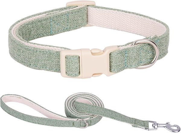 Cotton Hemp Dog Collar with Leash, Soft Adjustable Dog Collars with Plastic Safety Buckle, Heavy Duty Pet Collar for
