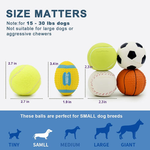 Squeaky Dog Ball - Soft Rubber Toys for Small Dogs & Puppies - Cute Play Ball - Tennis, Soccer, Football, Basketball,