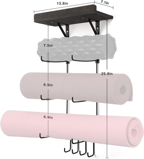 VINAEMO Yoga Mat Holder Accessories - Wall Mount Organizer with 4 Hooks and Wooden Shelves for Foam Roller and Towel