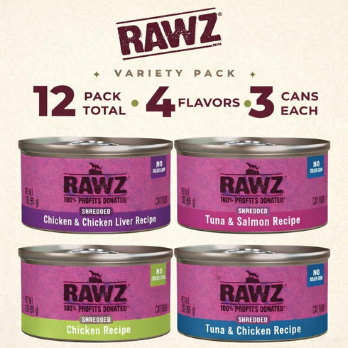 '-12 Pack Pack -4 (3oz Rawz Natural Premium Canned Cat Wet Food Shredded Cans Variety Flavors with Yow Pet Lid- (Tuna