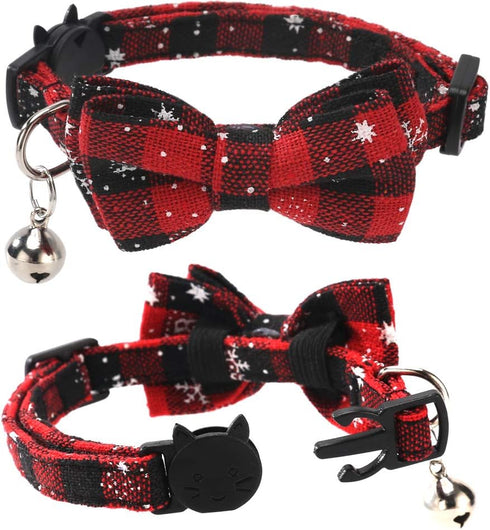 Lamphyface 2 Pack Christmas Cat Collar with Breakaway Bow Tie and Bell, Adjustable Safety Plaid for Kitty