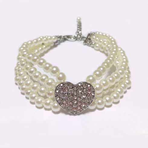Dog Pearls Necklace Jewelry - Bling Dog Wedding Collar for Small Dogs with Rhinestone Heart Charm, White Heart