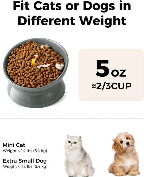 Elevated Cat Food Bowl, 5 Oz Ceramic Raised and Tilted Water Bowl, Anti Vomiting and Protect Pets' Spines Dishes for Small Dog, Fat Faced Cat, Kitten (Gray, 1 Pack)