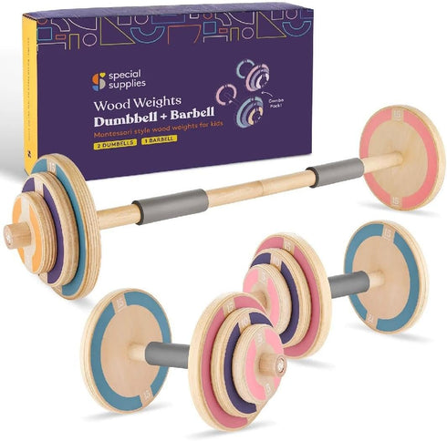 Set Set Set (Set 1 2 Special Supplies Kids Wooden Workout Play Weights - Adjustable Dumbbells and Barbell for Home Gym