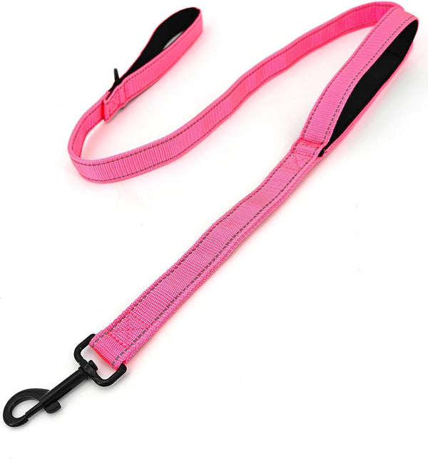 4FT Pink Strong Dog Leash with 2 Padded Handles, Traffic Handle for Extra Control, Reflective Walking Lead