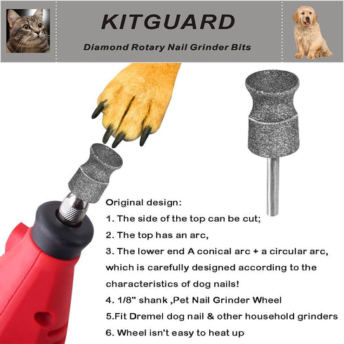Tool-1/8'' Diamond Dremel Dog Nail Grinder Bits for Rotary Dremel Dog Nail Grinder Attachment-Pet Bit Work for Animals
