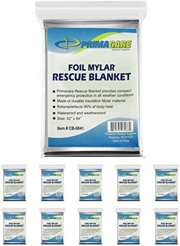 Primacare HB-10 Emergency Foil Mylar Thermal Blanket (Pack of 10), 52" x 84", Silver