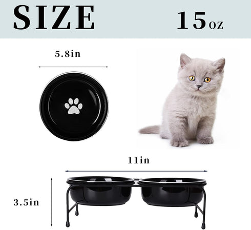 Porcelain Raised Cat or Small Dog Bowls - Heightened Metal Stand with Non-Slip Bottom, 15 Ounces (Black)