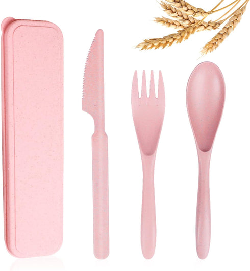Reusable Travel Utensils Set with Case - Pink Wheat Straw Portable Cutlery for Kids and Adults, Eco-Friendly