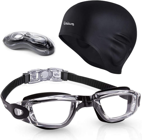 Swimming Goggles and Cap Set, Silicone Swim Hat Pack for Adults with Anti-Fog Glasses