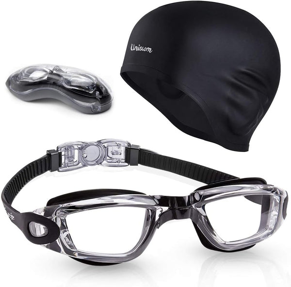 Swimming Goggles and Cap Set, Silicone Swim Hat Pack for Adults with Anti-Fog Glasses