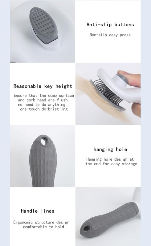 Cat Brush with Release Button, Universal for Cats and Dogs, One Click Release, Brush and Flea Comb Set (Grey)