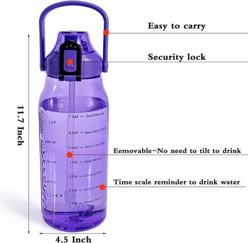 Motivational Half Gallon/64oz Water Bottle - Leak-Proof Tritan Jug with Straw & Time Marker for Fitness
