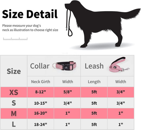 IVY&LANE Adjustable Reflective Dog Collar and Leash Set, Neoprene Padded for Small Medium Large Dogs, 5FT Nylon Leash