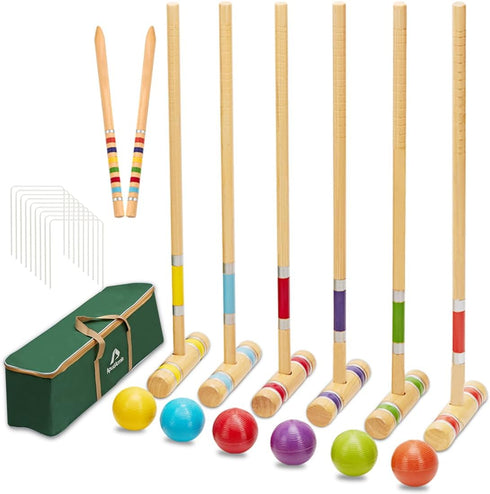 ApudArmis Six Player Croquet Set with Premiun Rubber Wooden Mallets 28In,Colored Ball,Wickets,Stakes