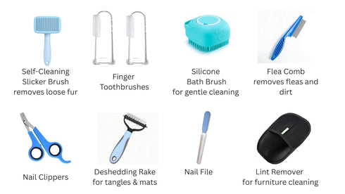 Atonvibe 9-in-1 Set. Pet Grooming Kit, Self-Cleaning Slicker Brush, Deshedding Rake, Lint Remover, Nail Clipper & More