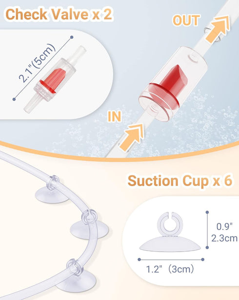Aquarium Air Pump Accessories Kit with Standard Tubing, Air Stones, Check Valves, Suction Cups and Connectors.