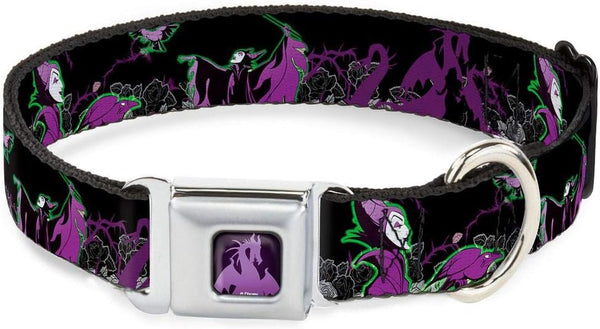 Maleficent Diablo Black Roses Purples Dog Collar - Seatbelt Buckle, 1.0 Inch Wide, Fits 9 to 15 Inches
