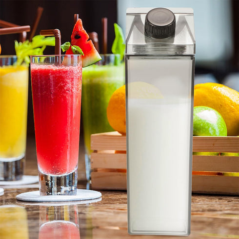 4pcs 500ml Set, MAGICLULU Milk Carton Bottle Reusable Plastic Square Milk Container with Airtight Lid, Portable Juice