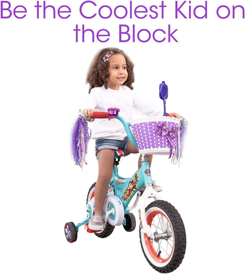 Girl’s Bicycle Decorations Set, Fun Decor with Beads, Rear View Mirror, Water Bottle, Handlebar Streamers & Basket