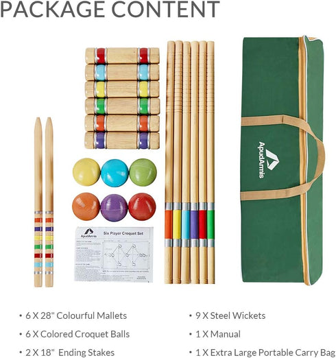 Set 28In,Colored Set ApudArmis Six Player Croquet with Premiun Rubber Wooden Mallets Ball,Wickets,Stakes - Lawn