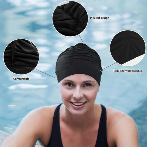Large Colorful Pleated Nylon Cloth Swim Cap for Adult Men Women Long Hair Hot Spring Bathing Caps