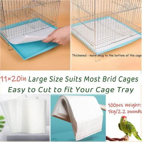 100PCS Bird Cage Liner Papers, Disposable Precut Absorbent Cushion Pad for Pet Birds (White)