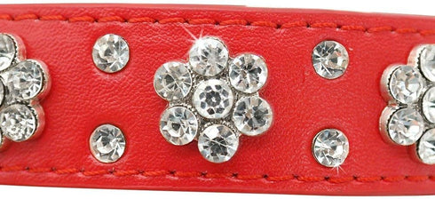 Rhinestone Dog Collar, Cute Flower Rhinestone Cat Dog Collar Bling Collar PU Leather Collar Adjustable Sizes Small Medium Large(Red,L)