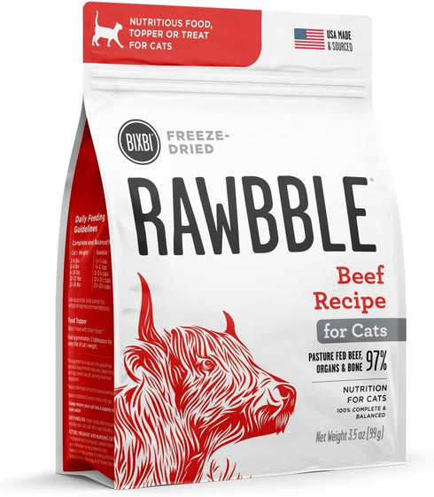 BIXBI Rawbble Freeze Dried Cat Food, Beef Recipe, 3.5 oz - 97% Meat and Organs, USA Made Raw Cat Food