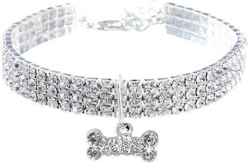 Pet Collar with Diamonds, Adjustable Crystal Diamond Elastic Bone Pendant, Wedding Cat and Dog Small Pet Necklace