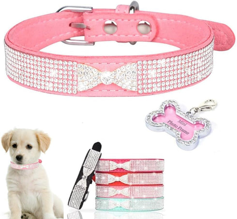 Small Dog Collar for Female Dogs, Pink Bling Bow Rhinestone Sparkly Crystal Jewel Diamond, XXS XS Small Medium