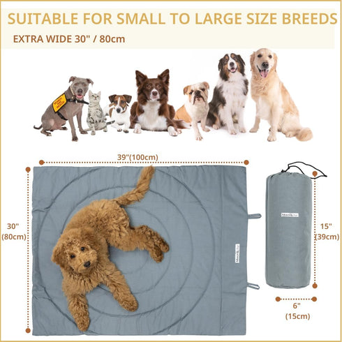 Portable Dog Mat, Waterproof & Foldable Pet Bed for Indoor, Outdoor, Travel, 39"x30", Grey, Includes Carry Bag