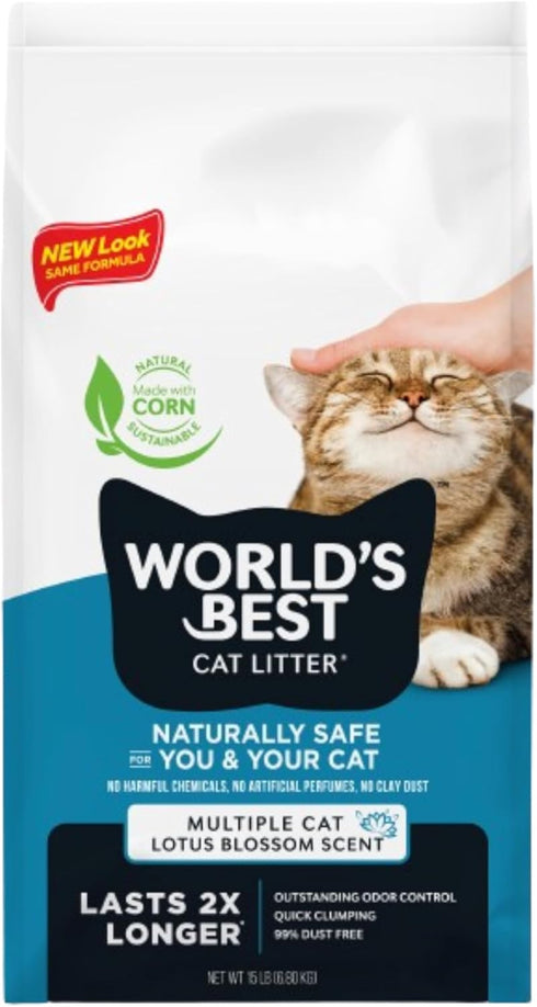 WORLD'S BEST CAT LITTER Multiple Cat Lotus Blossom Scented 15-Pounds - Natural Ingredients, Quick Clumping, Flushable &