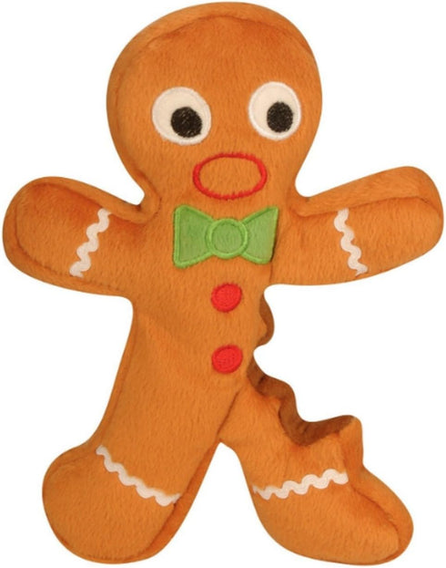 goDog Christmas Gingerbread Man Plush Dog Toy - Squeaky, Chew Guard Technology, Brown, Small