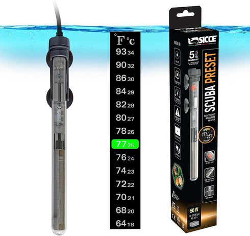 Sicce Scuba 50 Watt Aquarium Heater - Submersible for Up to 15 Gallons, Run Dry Protection