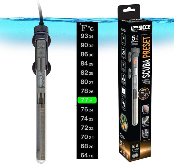 Sicce Scuba 50 Watt Aquarium Heater - Submersible for Up to 15 Gallons, Run Dry Protection