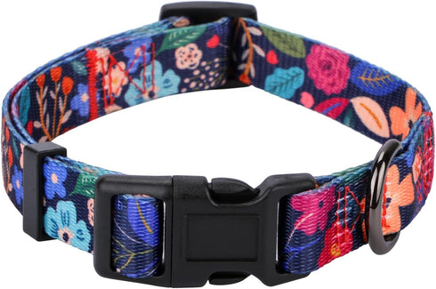 Rhea Rose Dog Collar for Large Dogs Special Design Cute Black Floral Plant Pattern Girl Female Pet Collar (Black, L)