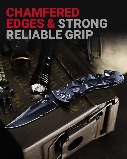 GOOD WORKER Black Pocket Knife, Serrated Sharp 3.5" Blade, Spring Assisted Tactical Knife Set