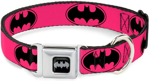Buckle-Down Seatbelt Buckle Dog Collar - Bat Signal-3 Fuchsia/Black/Fuchsia - 1.5" Wide, Fits 16-23" Neck, Medium