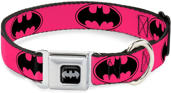 Buckle-Down Seatbelt Buckle Dog Collar - Bat Signal-3 Fuchsia/Black/Fuchsia - 1.5" Wide, Fits 16-23" Neck, Medium