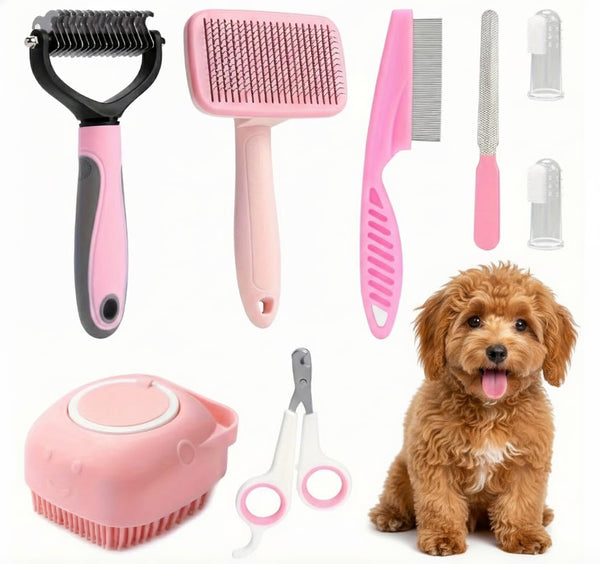 Haminway 8-Piece Dog Grooming Kit Pink | Pet Brush Set for Shedding,