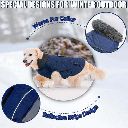 Emust Dog Coats Winter, Thick Clothes for Medium Dogs with Harness Hole, Dark Blue, Size M for Cold Weather