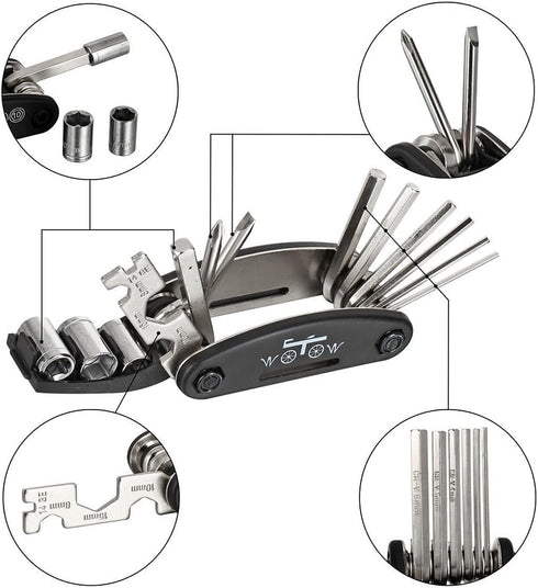 WOTOW 16 in 1 Bike Repair Tool Kit, Bicycle Multitool with Tire Levers, Hex Spoke Wrench, Accessories Set for Road &