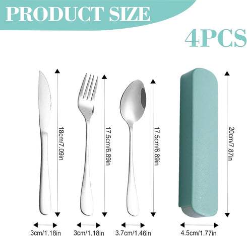 Generic Set 4-Piece Set Portable Cutlery with Case, Stainless Steel Utensils, Knife Fork Spoon with Mint Green Storage
